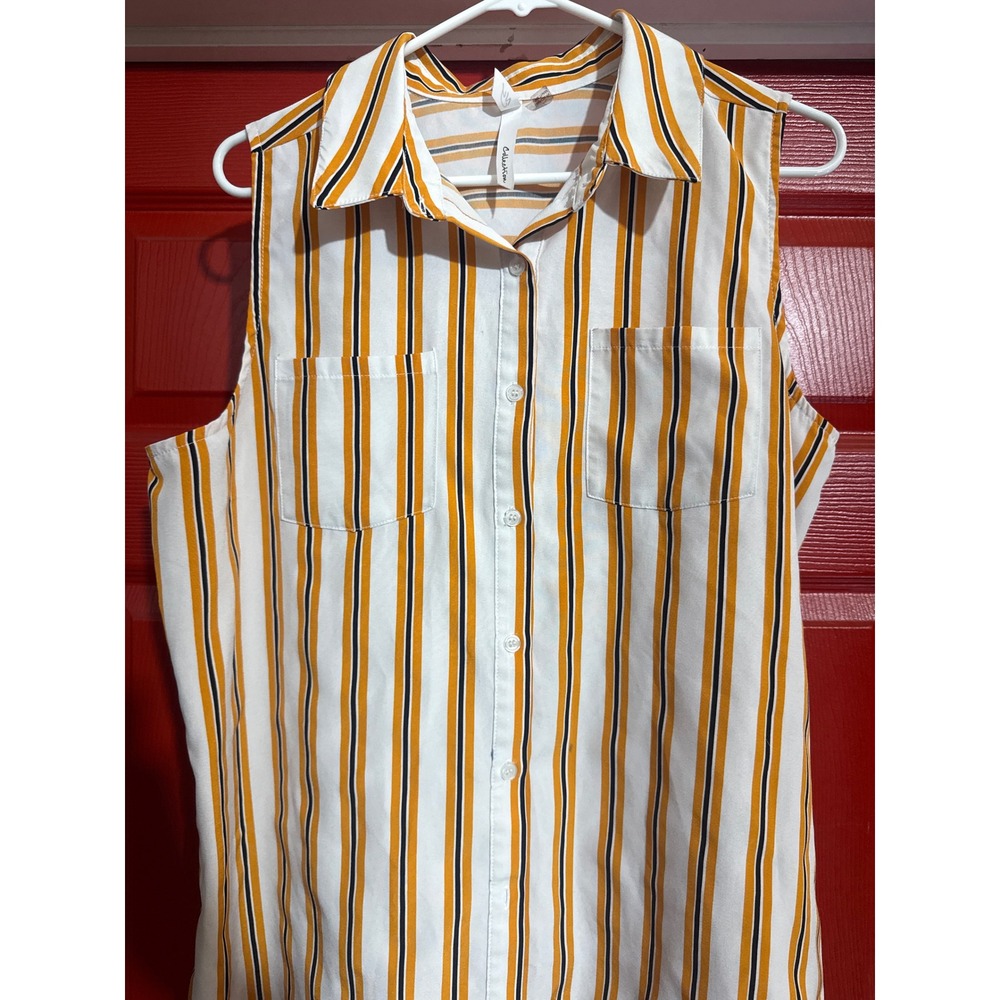 NY Collection Womens Sleeveless Button Down Blouse Mustard Yellow Striped Top
